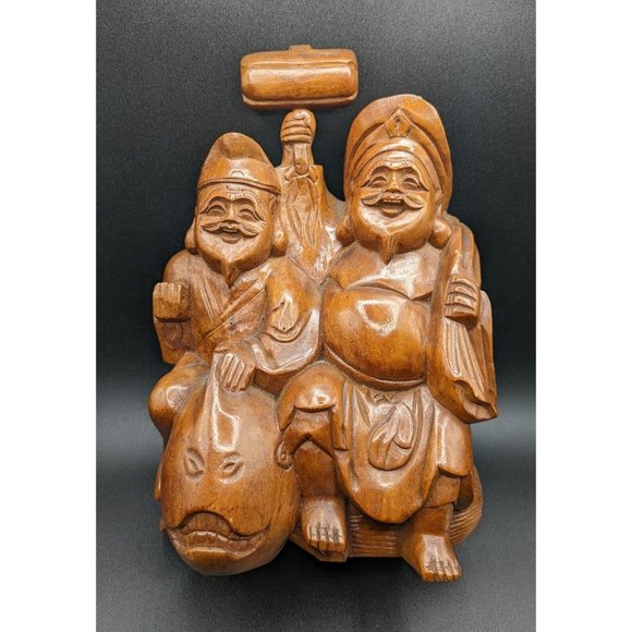Japanese Carved Daikoku Wood Carving Sculpture Statue Good Fortune Men & Fish